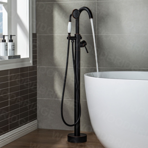 WOODBRIDGE Contemporary Single Handle Floor Mount Freestanding Tub Filler Faucet with Hand Shower in Finish