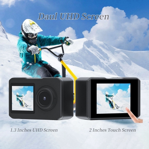 BNMQ 5K 30FPS / 4K 60FPS Action Camera With Dual Touch / Display Screen EIS Waterproof Underwater Remote Control and Bicycle Mounting Kit, Black