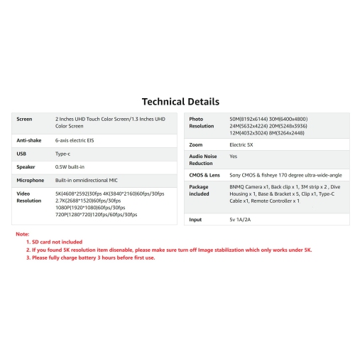 BNMQ 5K 30FPS / 4K 60FPS Action Camera With Dual Touch / Display Screen EIS Waterproof Underwater Remote Control and Bicycle Mounting Kit, Black