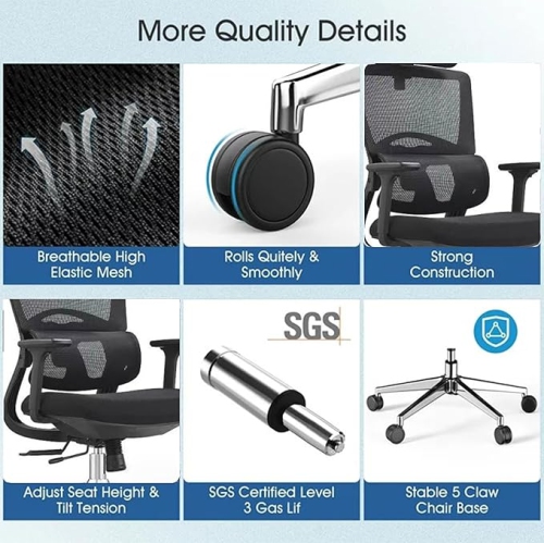 Ergonomic Office Chair, Height Adjustable Desk Chair and Gaming Chair with Lift Function, Lumbar Support for Home, Office