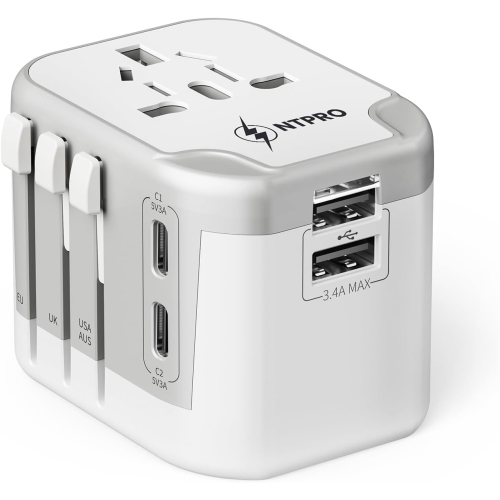 NTPRO Universal Travel Adapter | 5-in-1 with 2 USB-C & 2 USB-A | High Capacity 2400W, Fast Charging, Works in 200+ Countries, White