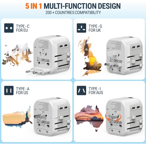NTPRO Universal Travel Adapter | 5-in-1 with 2 USB-C & 2 USB-A | High Capacity 2400W, Fast Charging, Works in 200+ Countries, White