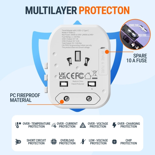 NTPRO Universal Travel Adapter | 5-in-1 with 2 USB-C & 2 USB-A | High Capacity 2400W, Fast Charging, Works in 200+ Countries, White