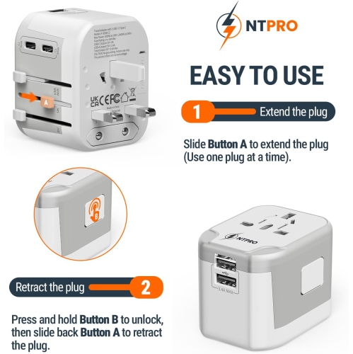 NTPRO Universal Travel Adapter | 5-in-1 with 2 USB-C & 2 USB-A | High Capacity 2400W, Fast Charging, Works in 200+ Countries, White