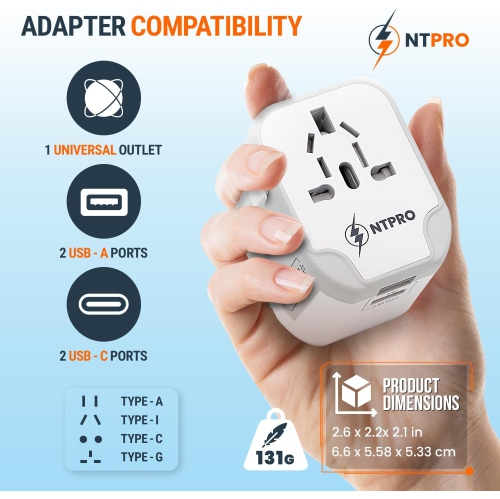 NTPRO Universal Travel Adapter | 5-in-1 with 2 USB-C & 2 USB-A | High Capacity 2400W, Fast Charging, Works in 200+ Countries, White