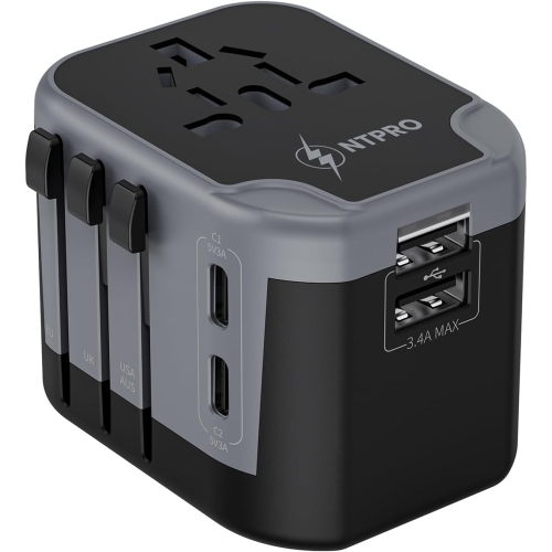 NTPRO Universal Travel Adapter | 5-in-1 with 2 USB-C & 2 USB-A | High Capacity 2400W, Fast Charging, Works in 200+ Countries, Black