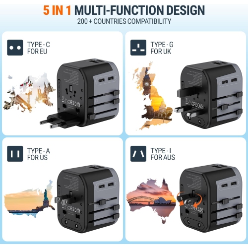 NTPRO Universal Travel Adapter | 5-in-1 with 2 USB-C & 2 USB-A | High Capacity 2400W, Fast Charging, Works in 200+ Countries, Black