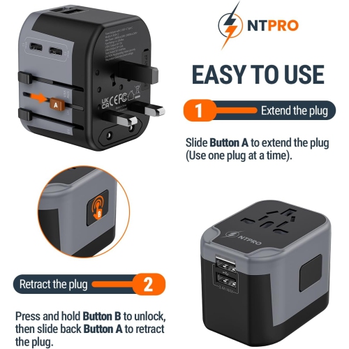 NTPRO Universal Travel Adapter | 5-in-1 with 2 USB-C & 2 USB-A | High Capacity 2400W, Fast Charging, Works in 200+ Countries, Black