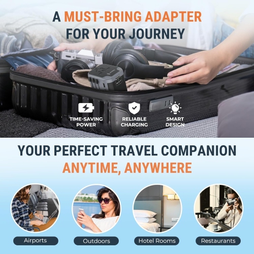 NTPRO Universal Travel Adapter | 5-in-1 with 2 USB-C & 2 USB-A | High Capacity 2400W, Fast Charging, Works in 200+ Countries, Black