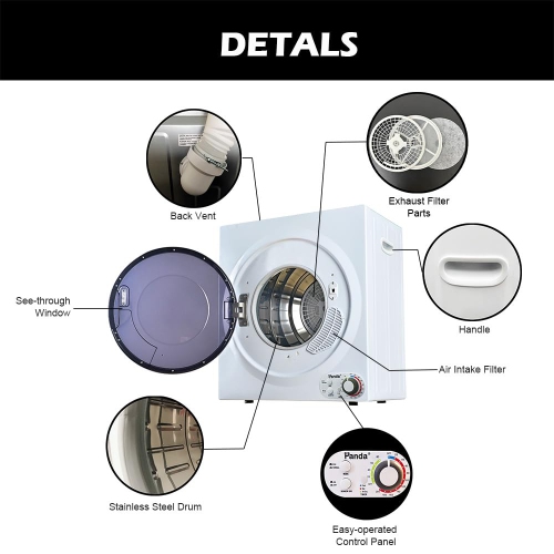 Panda 3.5 Cu.ft Compact Electric Clothes Dryer – 13.2 lbs Capacity, 110V Quiet & Energy Efficient Portable Laundry Dryer with Stainless Steel Drum,