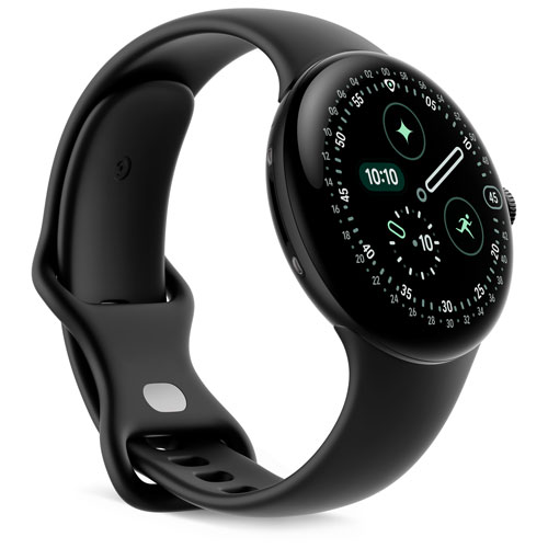 Montre Pixel Watch 4 45 mm de Google avec boîtier en aluminium noir mat et bracelet sport noir volcanique