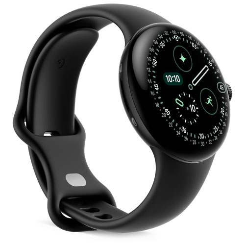 Montre Pixel Watch 4 41 mm de Google avec boîtier en aluminium noir mat et bracelet sport noir volcanique