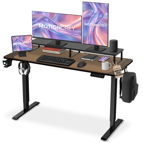MotionGrey Ergo2 Standing Desk Bundle - Electric Height Adjustable Desk 55"x24" Dark Brown Top, Black Frame, Memory Settings-Ergonomic Sit Stand Home
