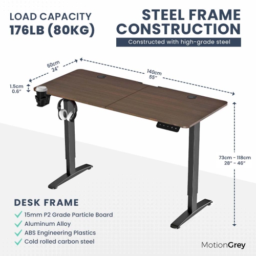 MotionGrey Ergo2 Standing Desk Bundle - Electric Height Adjustable Desk 55"x24" Dark Brown Top, Black Frame, Memory Settings-Ergonomic Sit Stand Home