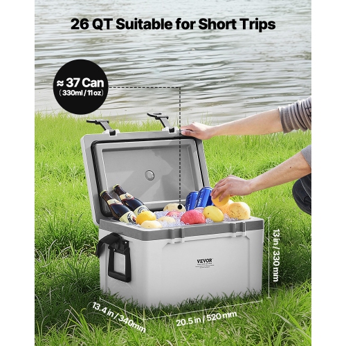 VEVOR 26 QT Portable Cooler, Hard Cooler with Ice Retention, Heavy-Duty Handles and Strap, Lightweight Rigid Material Insulated Portable Cooler,