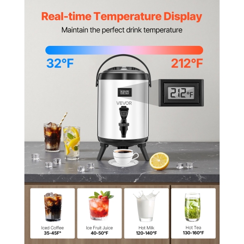 VEVOR 1.5 Gal/6L Insulated Beverage Dispenser, Stainless Steel Thermal Drink Server with Spigot & Temp Display,Suitable for Hot and Cold Drinks,for