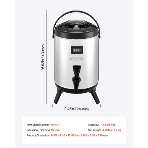 VEVOR 1.5 Gal/6L Insulated Beverage Dispenser, Stainless Steel Thermal Drink Server with Spigot & Temp Display,Suitable for Hot and Cold Drinks,for