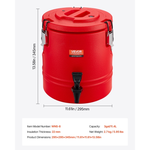 VEVOR 3 Gal/11.4L Insulated Beverage Dispenser, Thermal Hot and Cold Drink Server Dispenser with Spigot, Food-Grade Cooler Jug with 304 Stainless