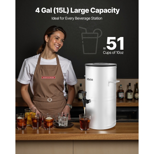 VEVOR 4 Gal/15L Ice Tea Dispenser, 304 Stainless Steel Beverage Dispenser with Spigot & Handle, Suitable for Hot and Cold Drinks, for Iced Tea Coffee