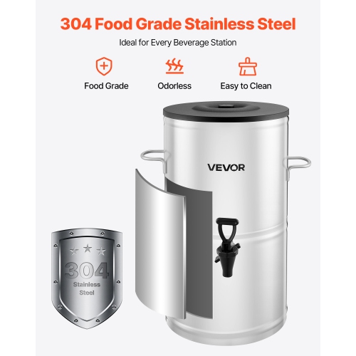 VEVOR 4 Gal/15L Ice Tea Dispenser, 304 Stainless Steel Beverage Dispenser with Spigot & Handle, Suitable for Hot and Cold Drinks, for Iced Tea Coffee