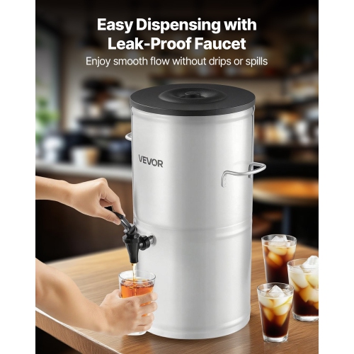 VEVOR 4 Gal/15L Ice Tea Dispenser, 304 Stainless Steel Beverage Dispenser with Spigot & Handle, Suitable for Hot and Cold Drinks, for Iced Tea Coffee
