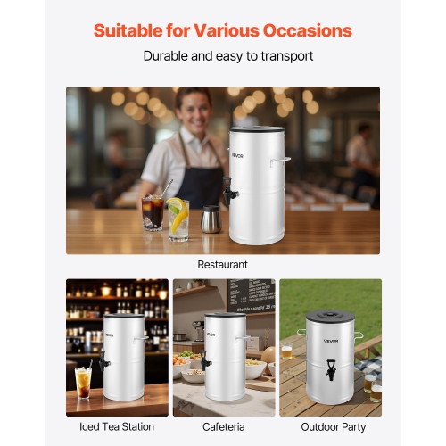 VEVOR 4 Gal/15L Ice Tea Dispenser, 304 Stainless Steel Beverage Dispenser with Spigot & Handle, Suitable for Hot and Cold Drinks, for Iced Tea Coffee