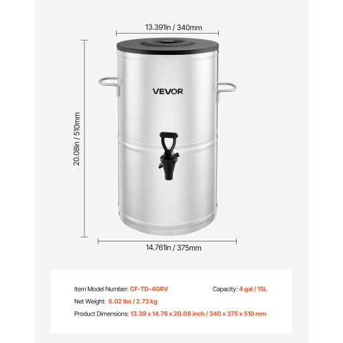VEVOR 4 Gal/15L Ice Tea Dispenser, 304 Stainless Steel Beverage Dispenser with Spigot & Handle, Suitable for Hot and Cold Drinks, for Iced Tea Coffee