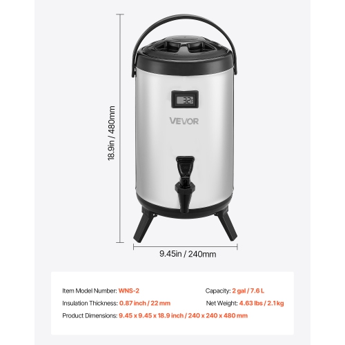 VEVOR 2 Gal/7.6L Insulated Beverage Dispenser, Stainless Steel Thermal Drink Server with Spigot & Temp Display,Suitable for Hot and Cold Drinks,for