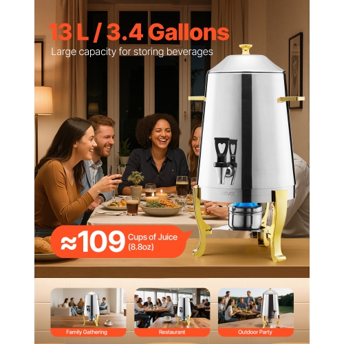 VEVOR 3.4 Gallon Stainless Steel Beverage Dispenser, Drink Dispenser with Alcohol Burner, Hot & Cold Drink Dispensers with Spigot for Coffee Tea Hot