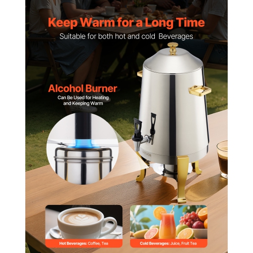 VEVOR 3.4 Gallon Stainless Steel Beverage Dispenser, Drink Dispenser with Alcohol Burner, Hot & Cold Drink Dispensers with Spigot for Coffee Tea Hot