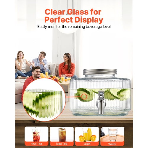 VEVOR 0.8 Gallon Beverage Dispenser, Drink Dispensers for Parties, Glass Juice Dispenser with No-Drip Spigot and Lid, Iced Tea Lemonade Juice Water
