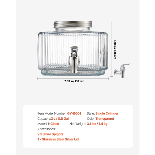 VEVOR 0.8 Gallon Beverage Dispenser, Drink Dispensers for Parties, Glass Juice Dispenser with No-Drip Spigot and Lid, Iced Tea Lemonade Juice Water