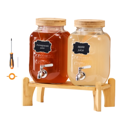VEVOR 2 Pack 1 Gallon Beverage Dispenser, Drink Dispensers for Parties, Glass Juice Dispenser with Wood Stand, Stainless Steel Spigot, Iced Tea