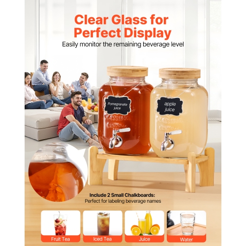 VEVOR 2 Pack 1 Gallon Beverage Dispenser, Drink Dispensers for Parties, Glass Juice Dispenser with Wood Stand, Stainless Steel Spigot, Iced Tea
