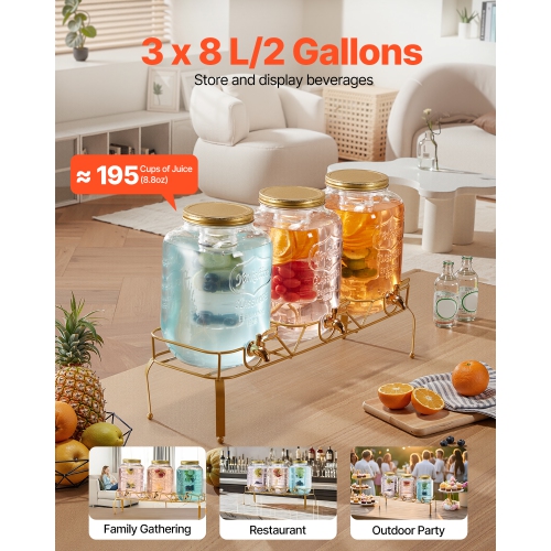 VEVOR 3 Pack 2 Gallon Beverage Dispenser, Drink Dispensers for Parties, Glass Juice Dispenser with Metal Stand, Stainless Steel Spigot, Iced Tea