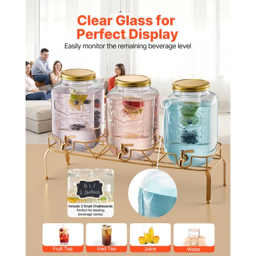 VEVOR 3 Pack 2 Gallon Beverage Dispenser, Drink Dispensers for Parties, Glass Juice Dispenser with Metal Stand, Stainless Steel Spigot, Iced Tea