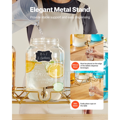 VEVOR 3 Pack 2 Gallon Beverage Dispenser, Drink Dispensers for Parties, Glass Juice Dispenser with Metal Stand, Stainless Steel Spigot, Iced Tea
