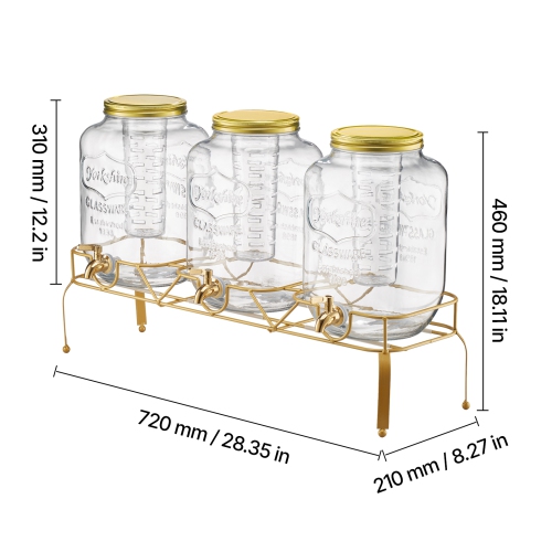 VEVOR 3 Pack 2 Gallon Beverage Dispenser, Drink Dispensers for Parties, Glass Juice Dispenser with Metal Stand, Stainless Steel Spigot, Iced Tea