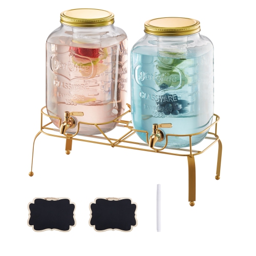 VEVOR 2 Pack 2 Gallon Beverage Dispenser, Drink Dispensers for Parties, Glass Juice Dispenser with Metal Stand, Stainless Steel Spigot, Iced Tea