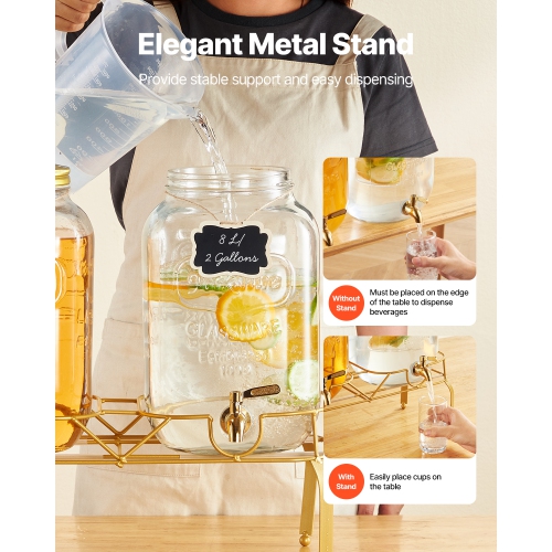 VEVOR 2 Pack 2 Gallon Beverage Dispenser, Drink Dispensers for Parties, Glass Juice Dispenser with Metal Stand, Stainless Steel Spigot, Iced Tea