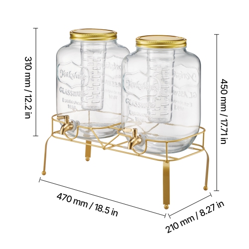 VEVOR 2 Pack 2 Gallon Beverage Dispenser, Drink Dispensers for Parties, Glass Juice Dispenser with Metal Stand, Stainless Steel Spigot, Iced Tea