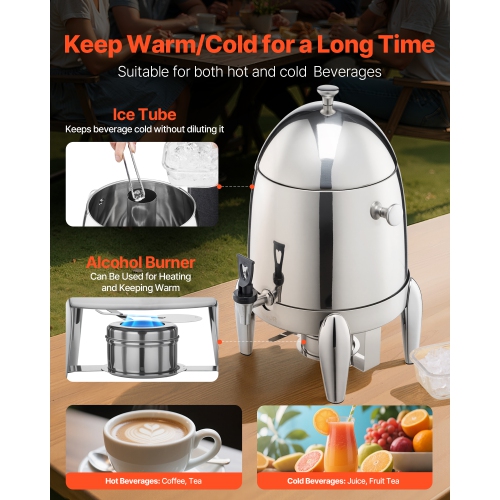 VEVOR 2.7 Gallon Stainless Steel Beverage Dispenser, Drink Dispenser with Alcohol Burner, Hot & Cold Drink Dispensers for Coffee Tea Hot Water, with