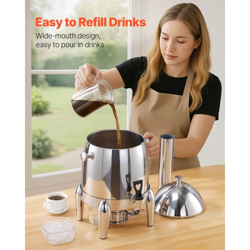 VEVOR 2.7 Gallon Stainless Steel Beverage Dispenser, Drink Dispenser with Alcohol Burner, Hot & Cold Drink Dispensers for Coffee Tea Hot Water, with