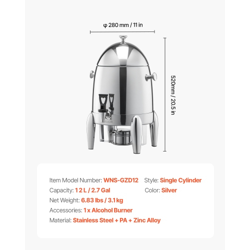 VEVOR 2.7 Gallon Stainless Steel Beverage Dispenser, Drink Dispenser with Alcohol Burner, Hot & Cold Drink Dispensers for Coffee Tea Hot Water, with