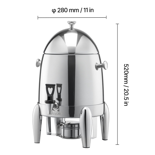 VEVOR 2.7 Gallon Stainless Steel Beverage Dispenser, Drink Dispenser with Alcohol Burner, Hot & Cold Drink Dispensers for Coffee Tea Hot Water, with