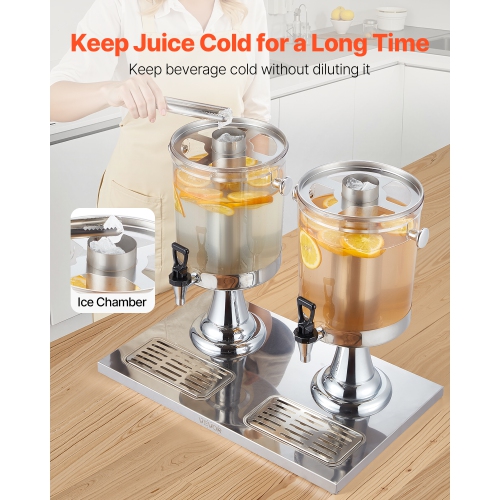 VEVOR 2.1 Gallon x 2 Beverage Dispenser, Drink Dispenser for Parties, Stainless Steel + Plastic Juice Dispensers with Spigot Ice Chamber Tray, Iced