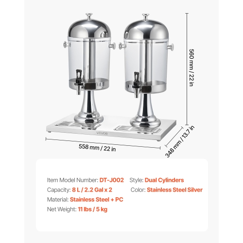 VEVOR 2.1 Gallon x 2 Beverage Dispenser, Drink Dispenser for Parties, Stainless Steel + Plastic Juice Dispensers with Spigot Ice Chamber Tray, Iced
