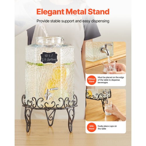 VEVOR 2.5 Gallon Beverage Dispenser, Drink Dispensers for Parties, Glass Juice Dispenser with Metal Stand, Stainless Steel Spigot, Iced Tea Lemonade