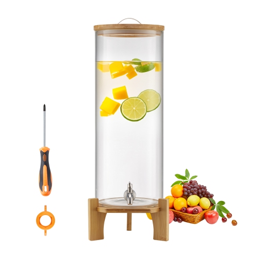 VEVOR 3.5 Gallon Beverage Dispenser, Drink Dispensers for Parties, Glass Juice Dispenser with Wood Stand, Stainless Steel Spigot, Iced Tea Lemonade