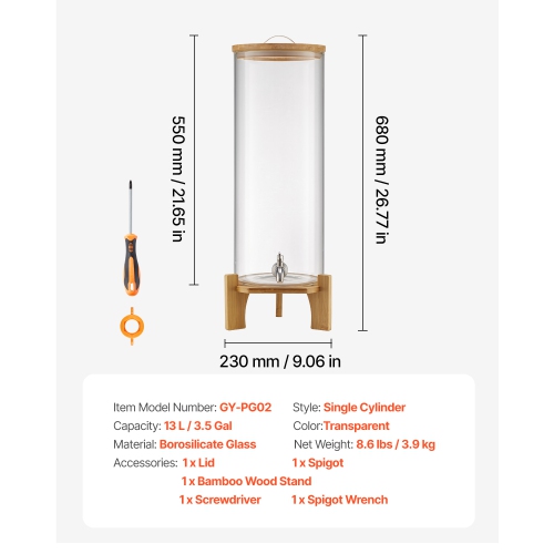 VEVOR 3.5 Gallon Beverage Dispenser, Drink Dispensers for Parties, Glass Juice Dispenser with Wood Stand, Stainless Steel Spigot, Iced Tea Lemonade